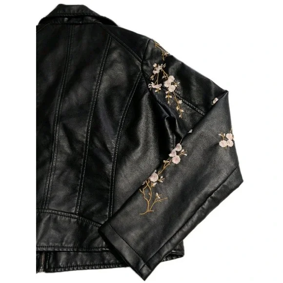 JouJou J2 Cherry Blossom Embroidered Moto Jacket Womens XL Black Biker - Picture 7 of 8